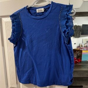 Blue Ruffle Sleeve Top with Stud Accents